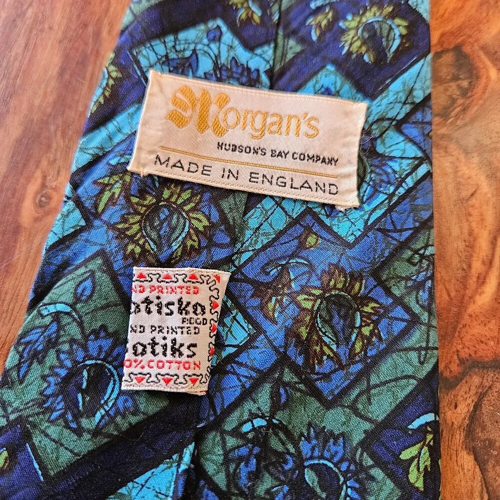 Vintage‎ 60s 70s Morgan's Hudson Bay Co Printed Batik Blue Green Necktie Tie